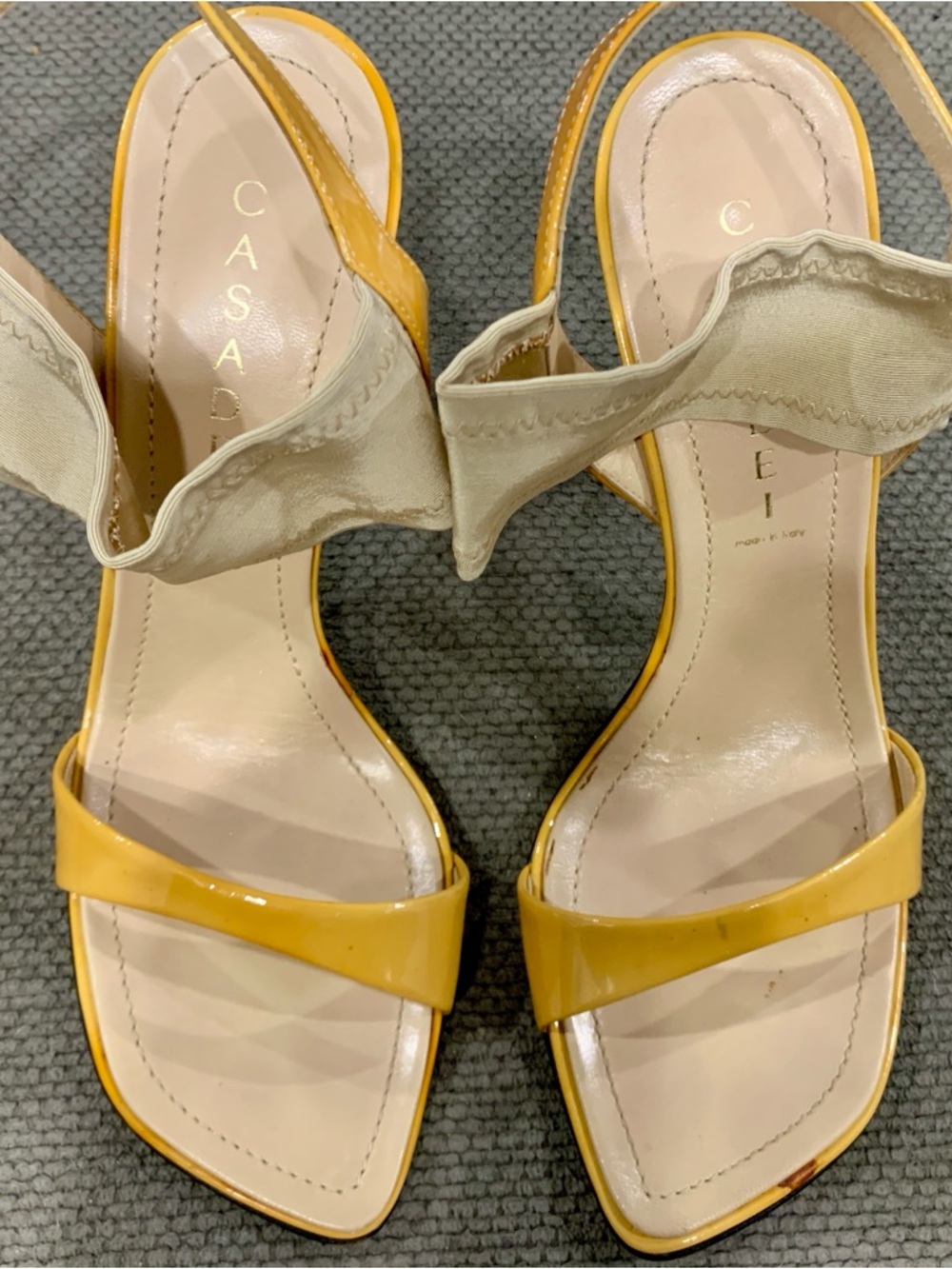 Vintage Casadei Yellow Patent Strap Sandals with Cream Stretch Ankle